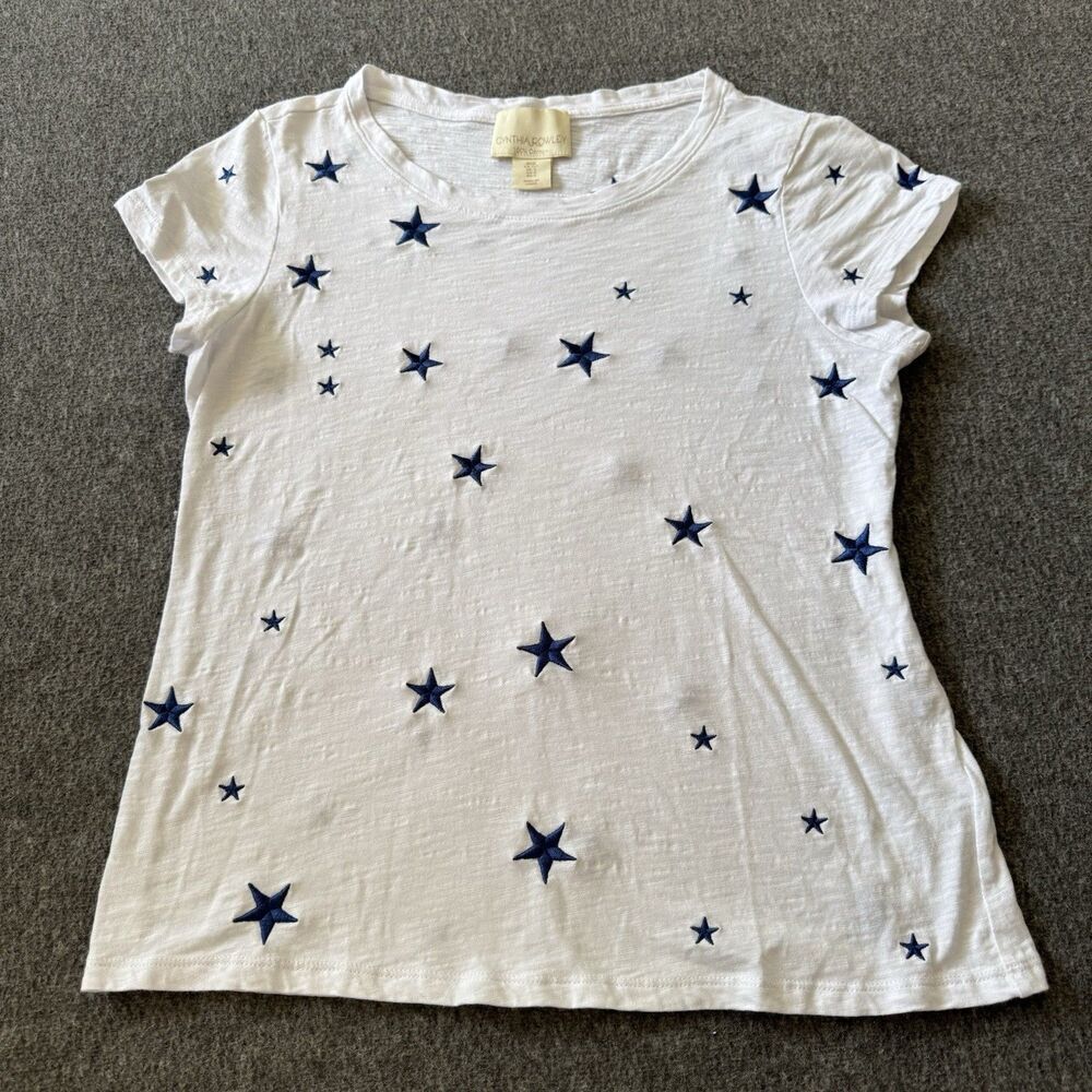 CYNTHIA ROWLEY Blue Stars Embroidered Crew Neck White Tee SMALL Americana